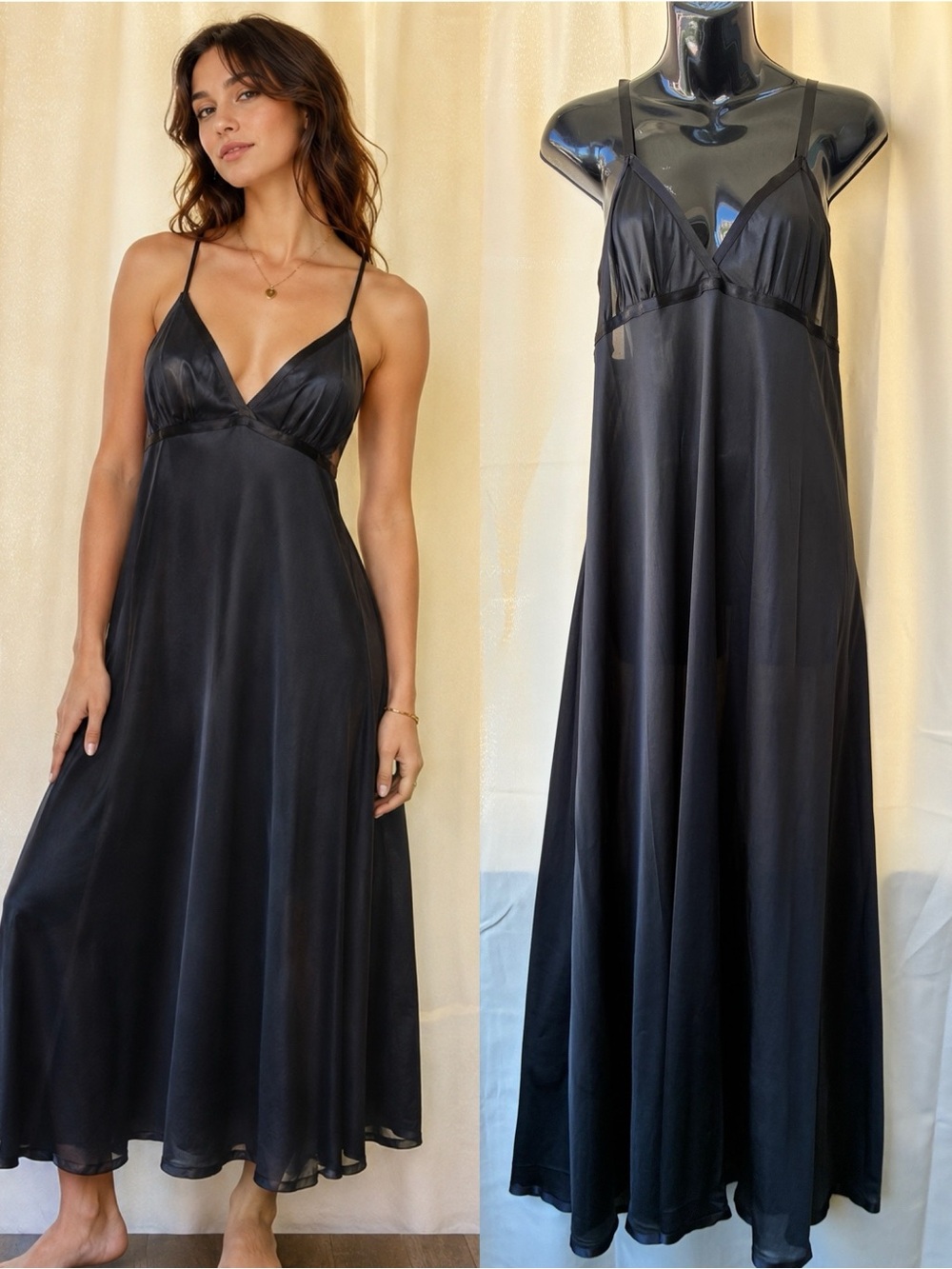 Vintage Black Nylon Satiny Nightgown Maxi Slip Dress  Goth Grunge